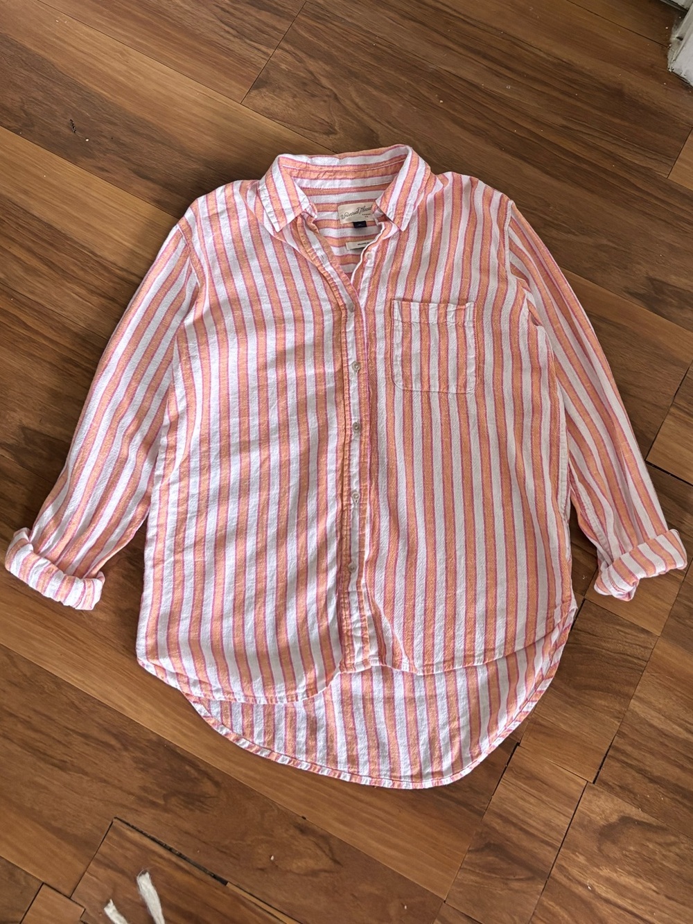 Universal T. Orange Pink Striped Linen Blend Relaxed Fit Button Down Shirt XS